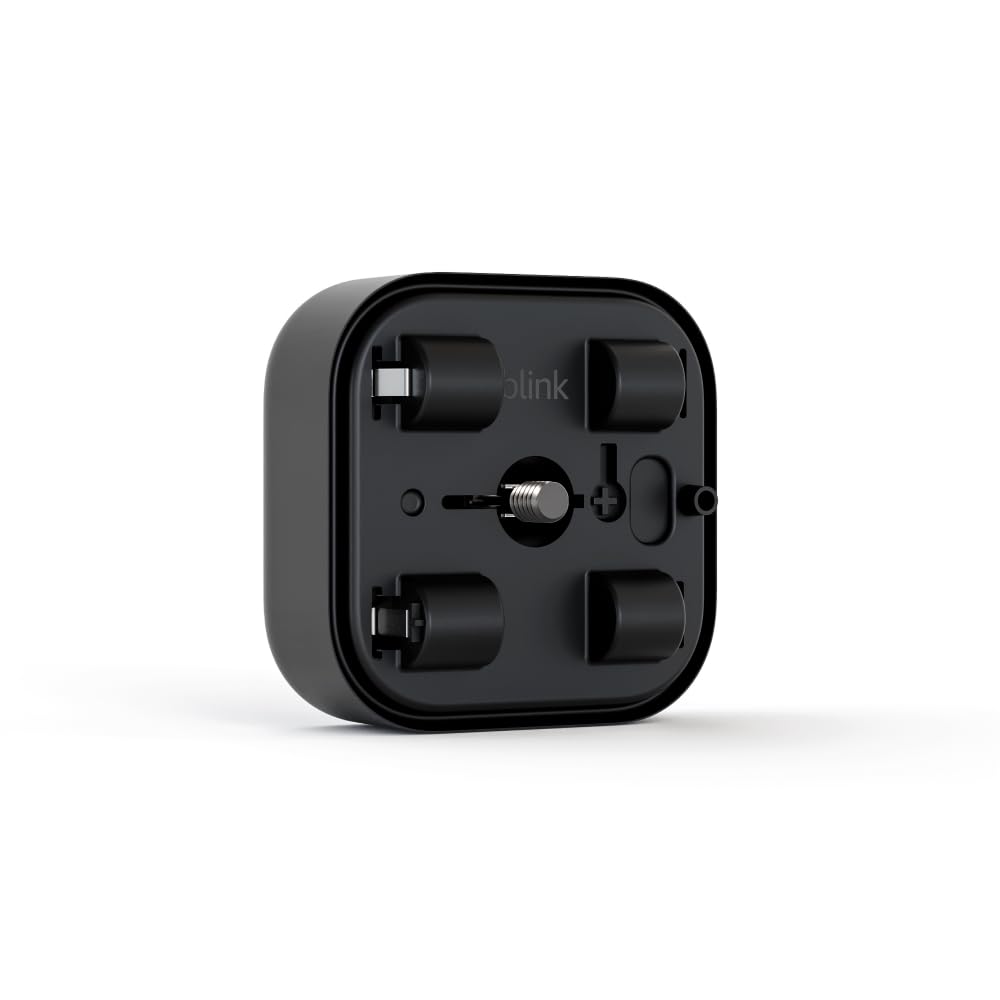 Blink battery extension pack front view showing compact design and included batteries for longer runtime