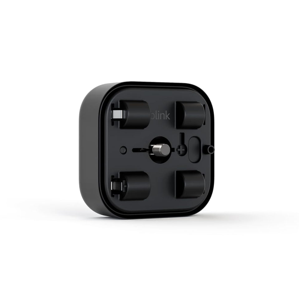 Blink battery extension pack front view showing compact design and included batteries for longer runtime