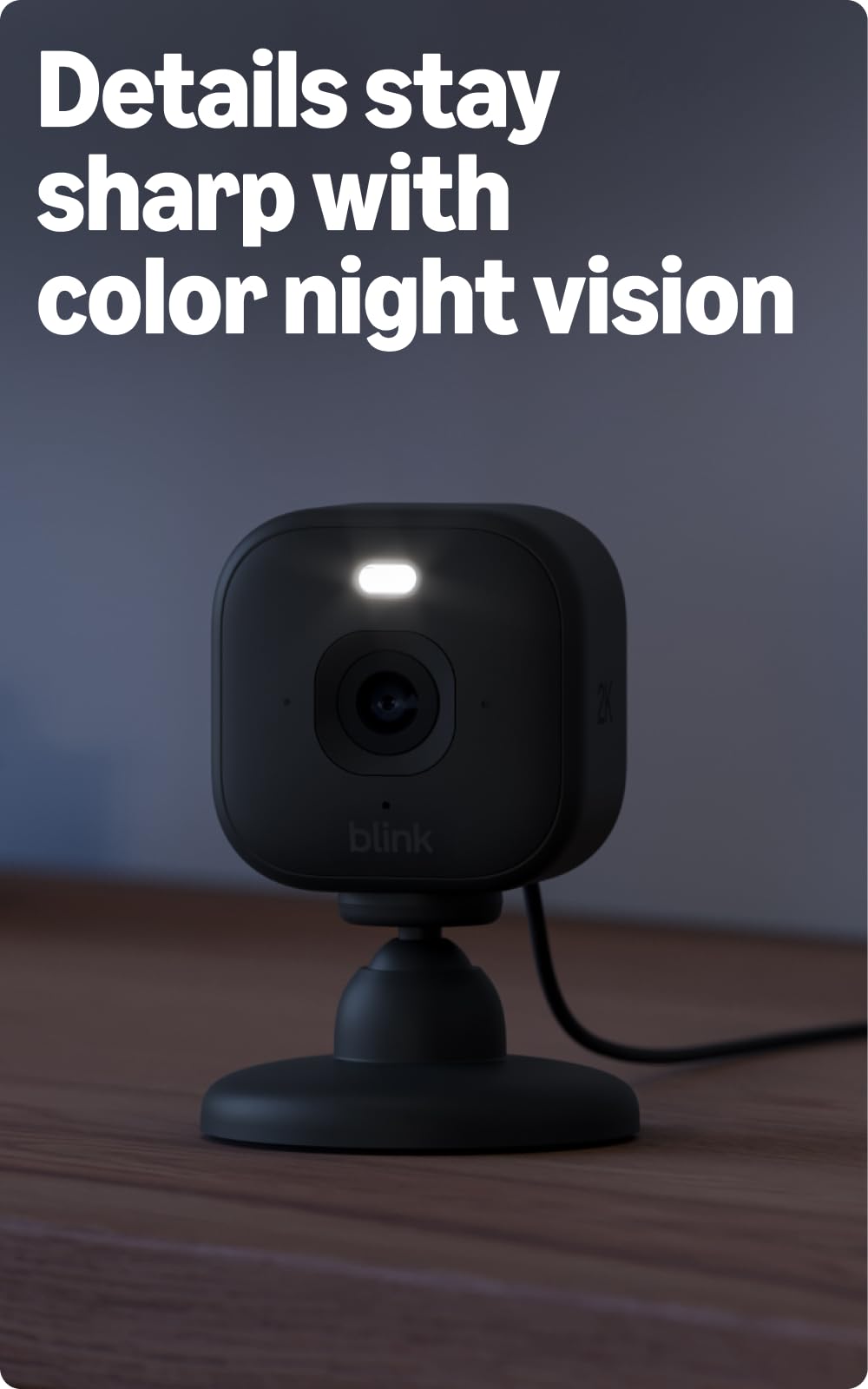 Blink Mini 2K+ close-up of lens and status light, Blink delivers sharper 2K detail benefit