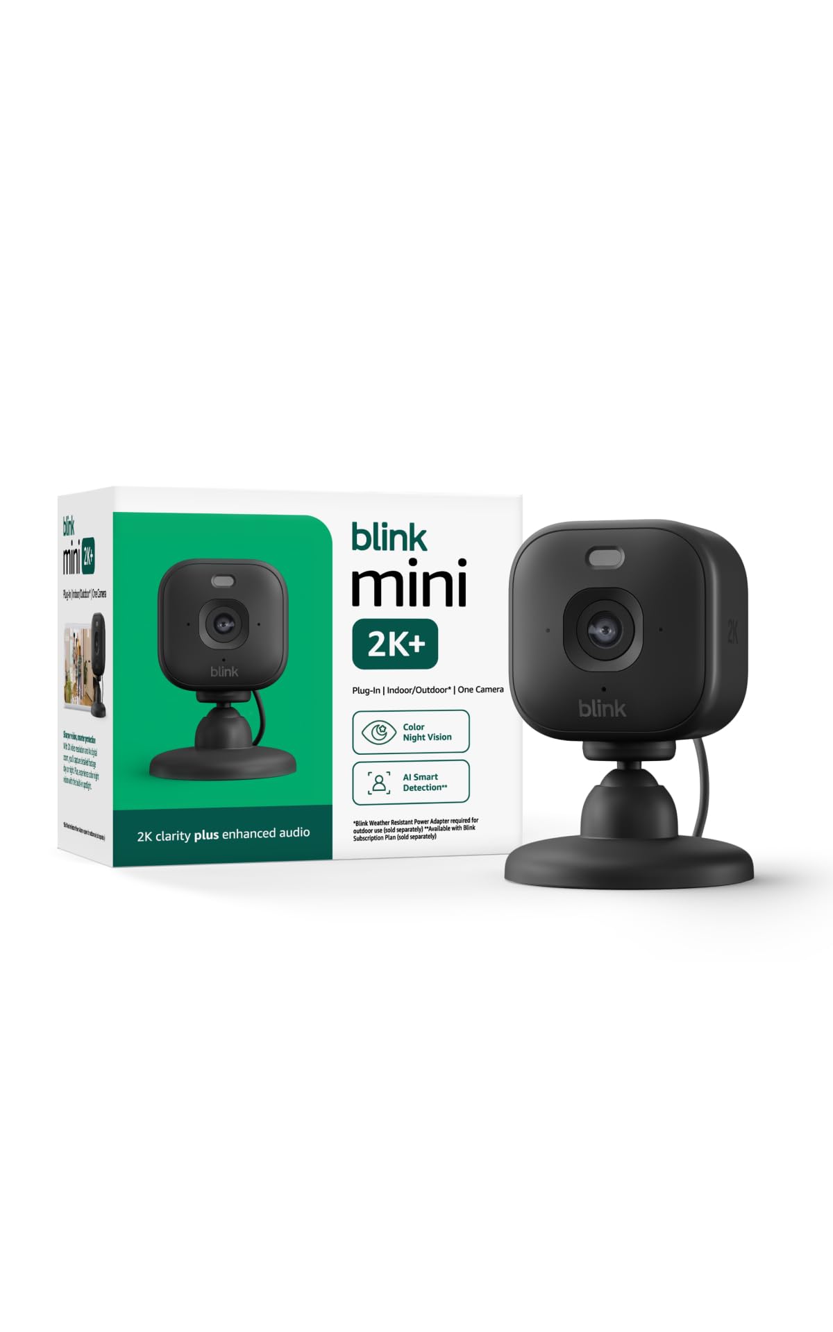 Blink Mini 2K+ front view showing compact design and camera lens, easy monitoring benefit