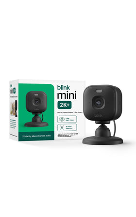 Blink Mini 2K+ front view showing compact design and camera lens, easy monitoring benefit