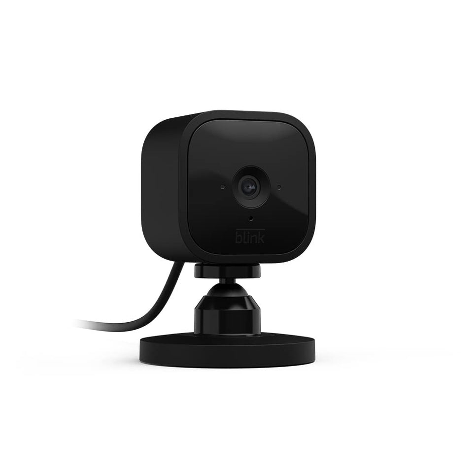 Blink Mini front view showing compact black camera and stand, ideal for discreet monitoring