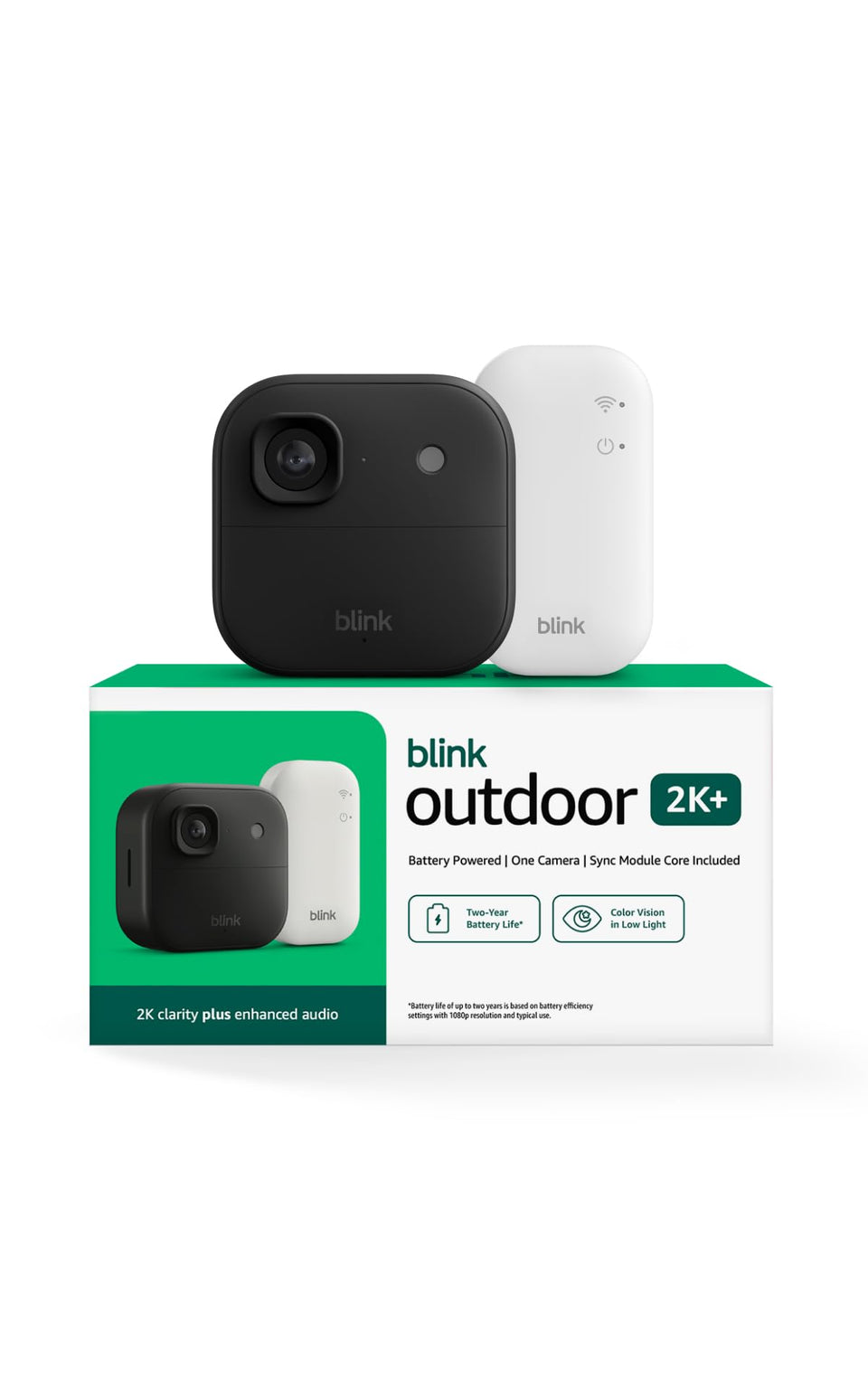 Blink Outdoor 2K+ front-view camera for durable outdoor surveillance.