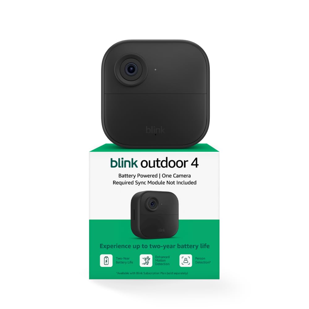 Blink Outdoor 4 front view shows compact weatherproof outdoor surveillance.