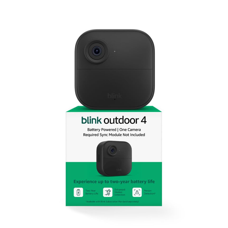 Blink Outdoor 4 front view shows compact weatherproof outdoor surveillance.