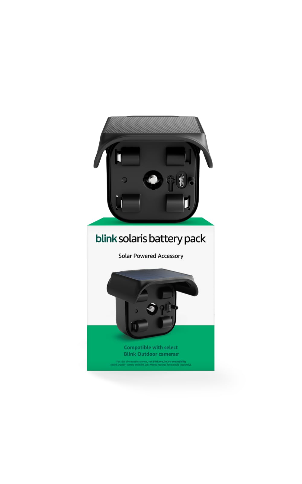 Blink Solaris front view showing compact panel and sleek black finish for discreet charging