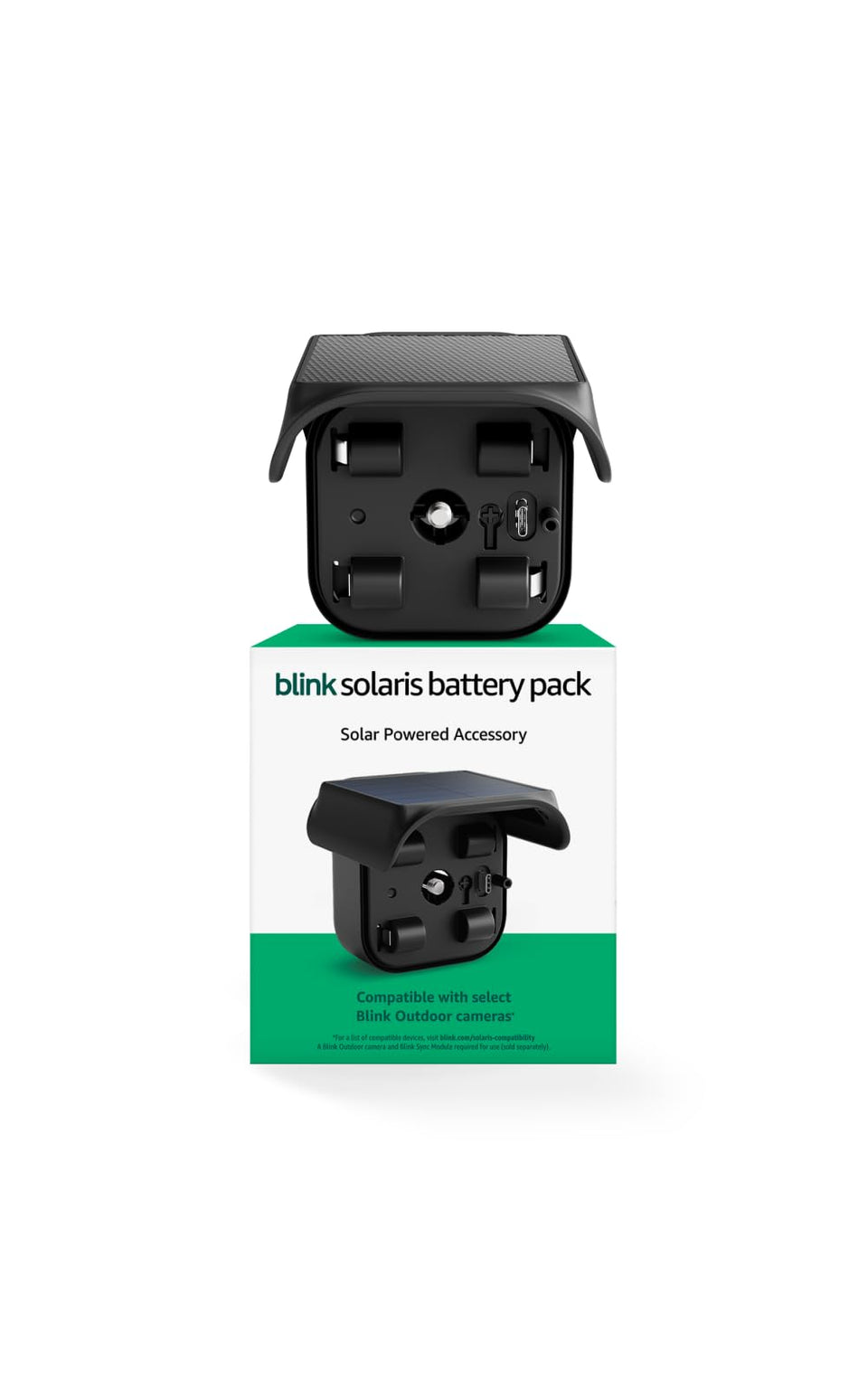 Blink Solaris front view showing compact panel and sleek black finish for discreet charging