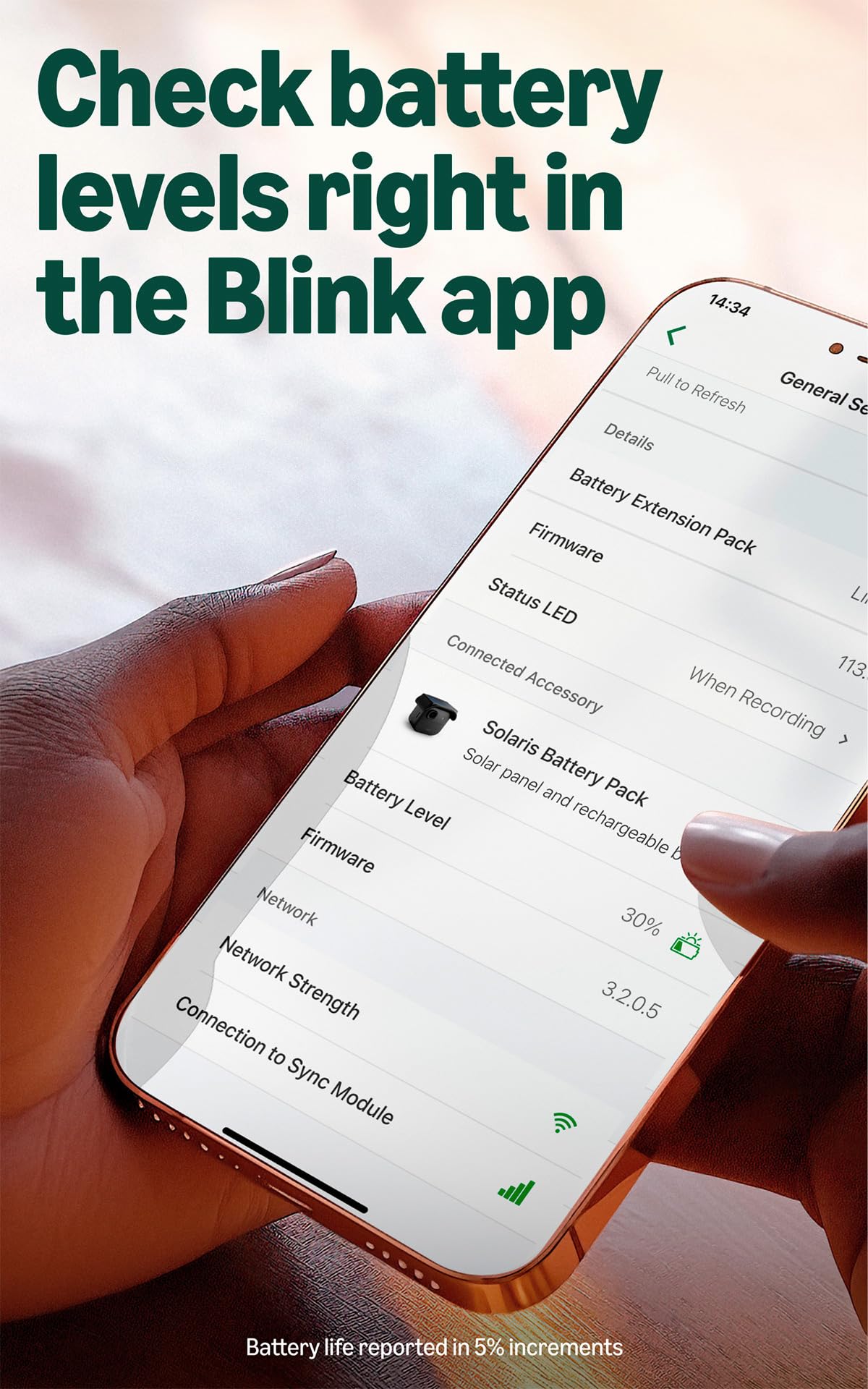 Blink Solaris held in hand to show size and portability for flexible mounting