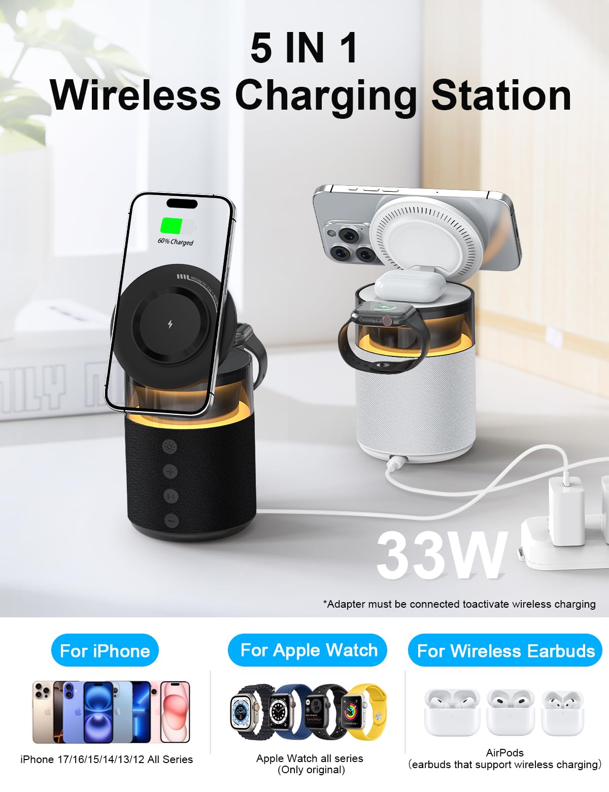 BLKE Max magnetic charging with iPhone, Apple Watch, and earbuds aligned for easy use