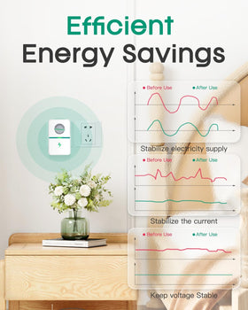 Bloockwiz Stopwatt plugged into wall behind refrigerator reducing voltage stress on appliance
