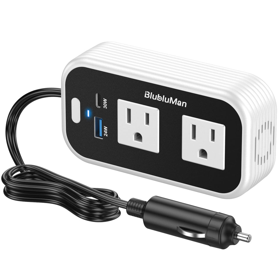 Blubluman 200W inverter front view with dual 110V outlets for on-the-go work.