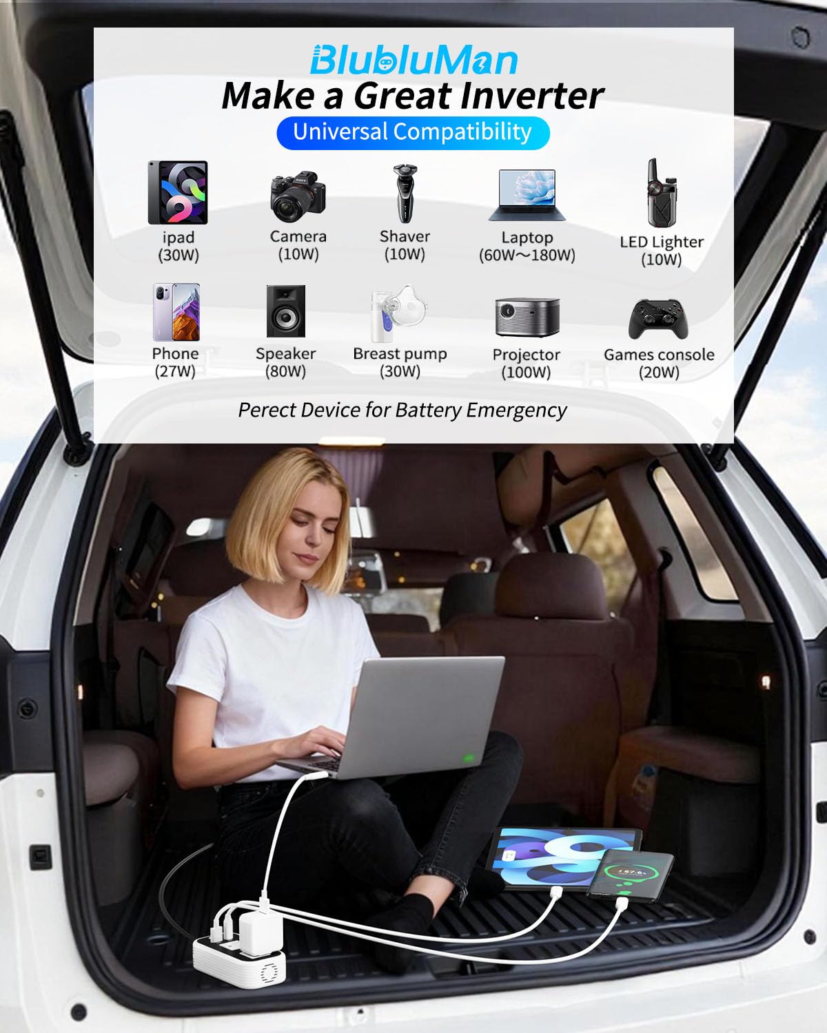 Blubluman universal 12V socket compatibility for cars, trucks, and SUVs.