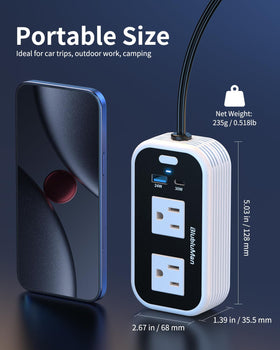 Blubluman inverter ports close-up highlighting PD and QC fast charging capabilities.