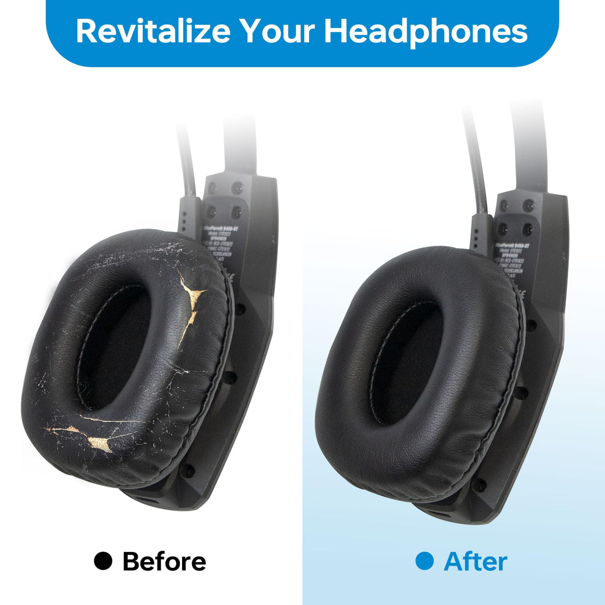 Blucalm cushions installed on BlueParrott headset demonstrating refreshed comfort