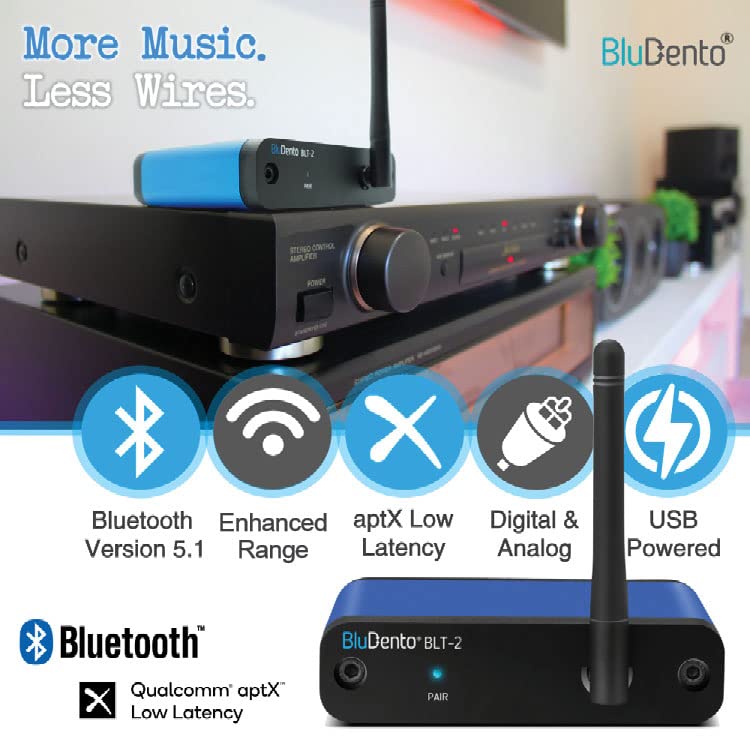 BluDento BLT-2 back ports show RCA, optical, and coaxial connections for versatile setups.