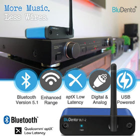 BluDento BLT-2 back ports show RCA, optical, and coaxial connections for versatile setups.