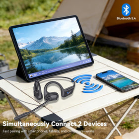 Blue Air Bluetooth 5.4 open-ear headset with multipoint pairing for two devices.
