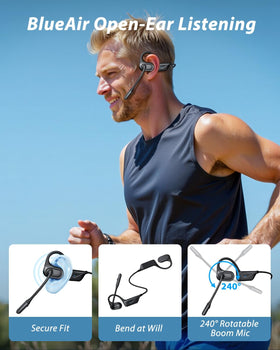 Blue Air open-ear headset illustrating seamless device switching on two devices.