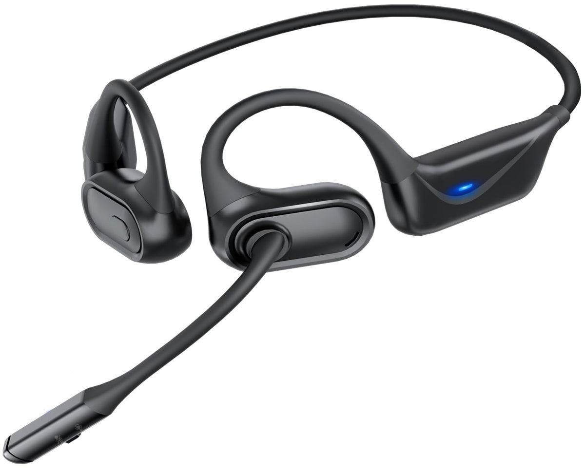 Blue Air open-ear headphones shown on ears for all-day comfort.