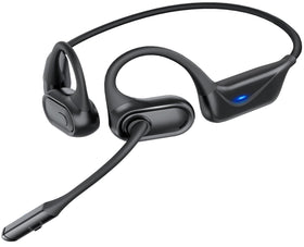 Blue Air open-ear headphones shown on ears for all-day comfort.