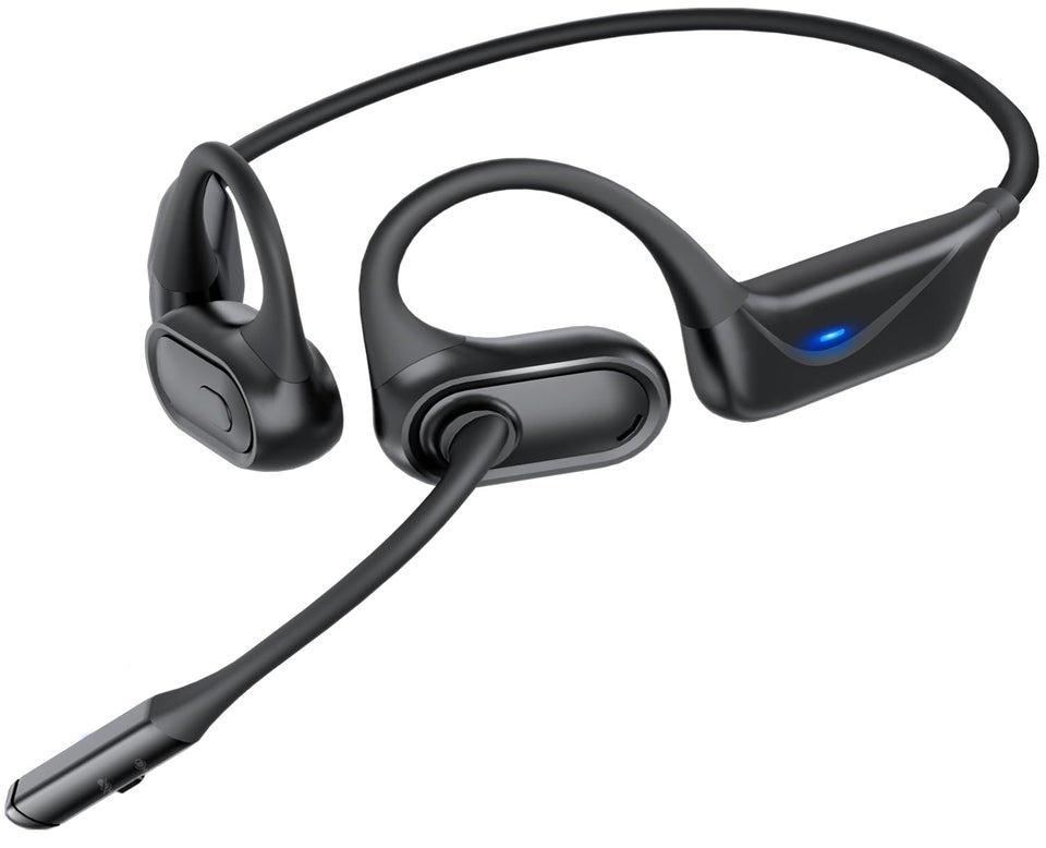 Blue Air open-ear headphones shown on ears for all-day comfort.