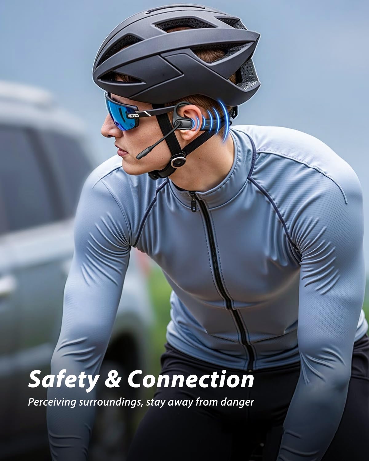 Blue Air wireless open-ear headphones with mic for clear calls in noisy environments.
