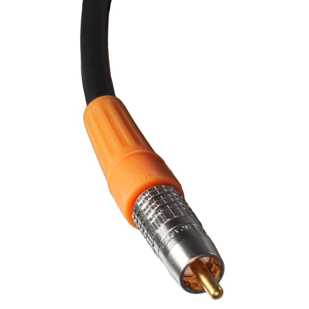 Blue Jeans Cable front RCA connector showing Canare plug and secure fit benefit