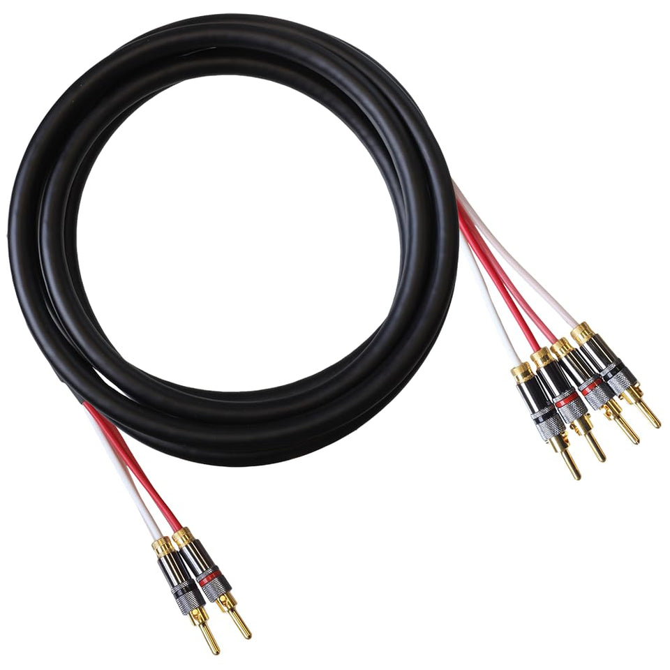 Blue Jeans Cable Canare 4S11 biwire termination detail with ultrasonic welds for solid audio connections.