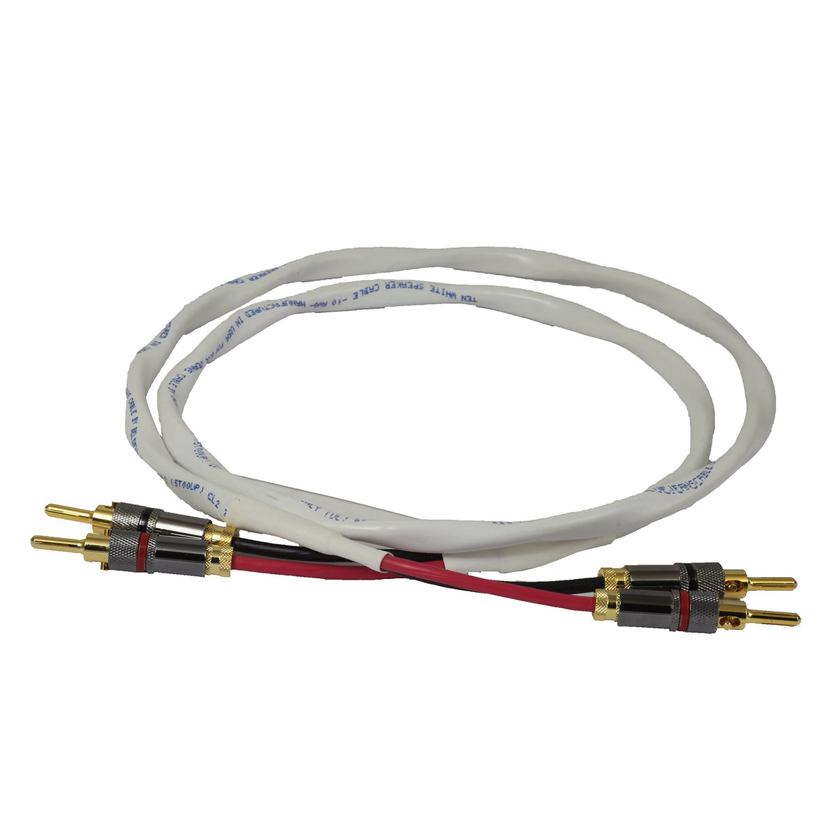 Blue Jeans Cable Ten White Speaker Cable showing ultrasonic welding for low resistance and strong joints.