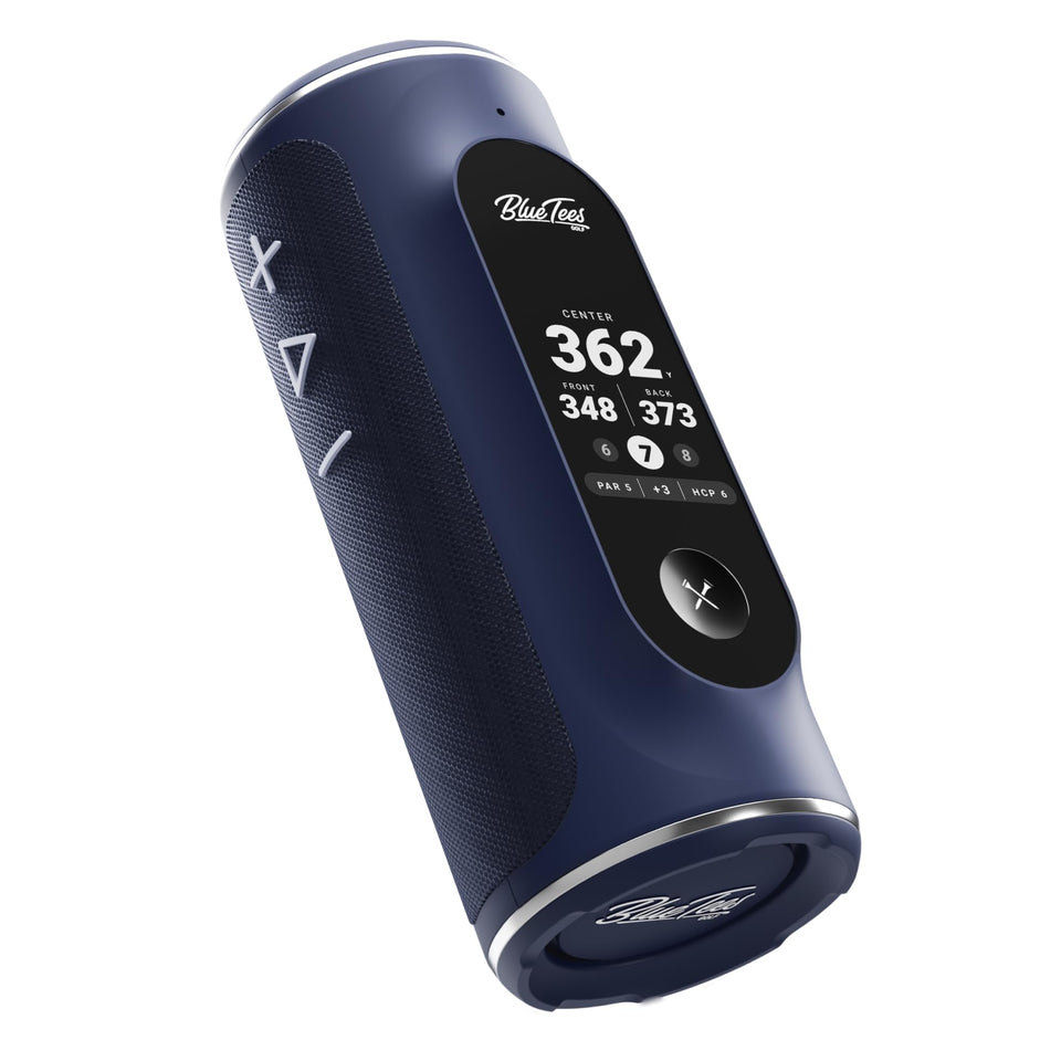 Blue Tees Golf Player+ touchscreen display shows course distances at a glance