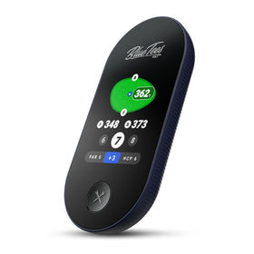 Blue Tees Golf Ringer magnetic GPS handheld attached to cart for quick yardages.
