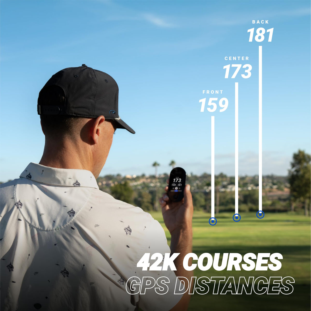 Blue Tees Golf Ringer preloaded with 40,000+ courses for quick planning.
