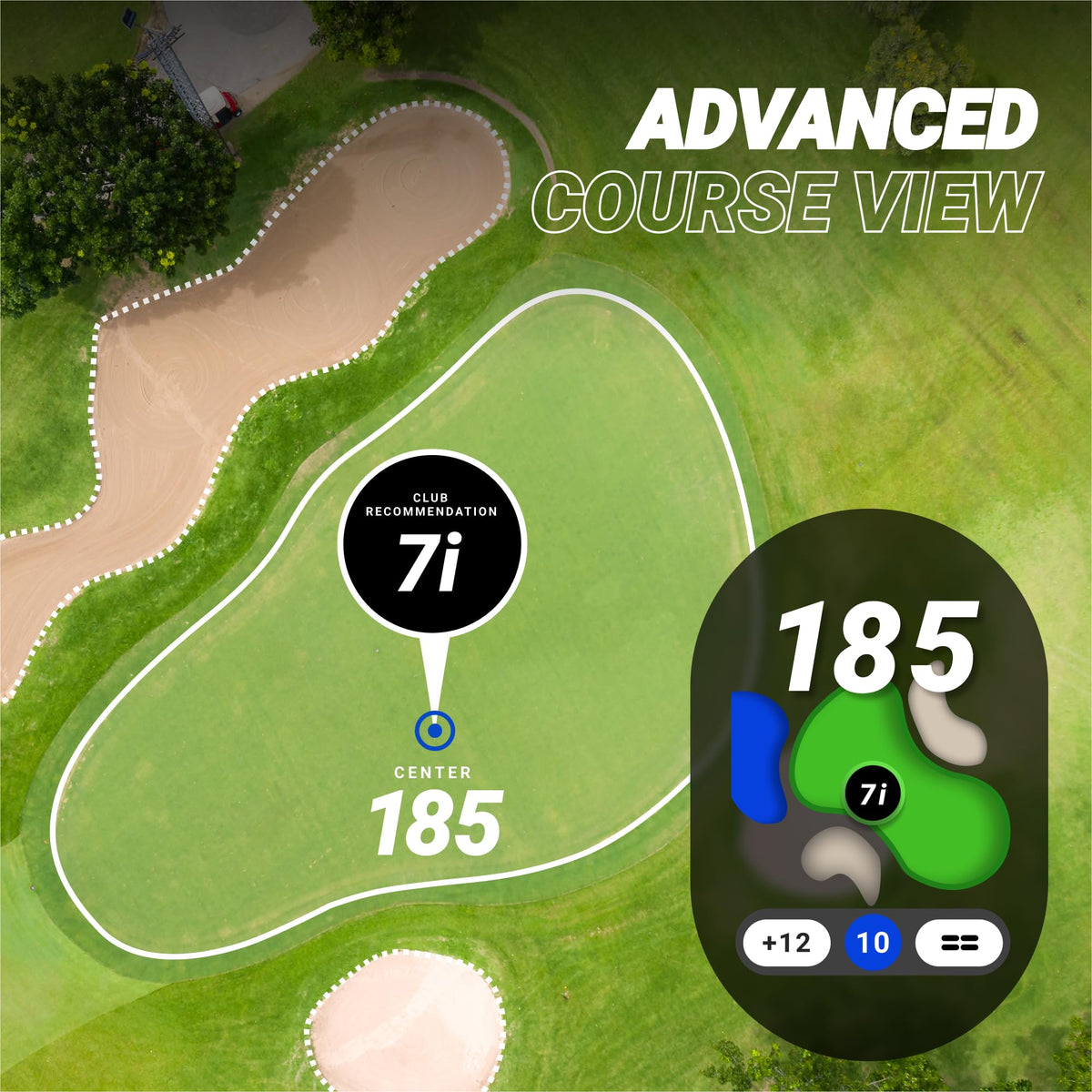 Blue Tees PlayMaker+ smart shot tracking shows distances and keeps score insights