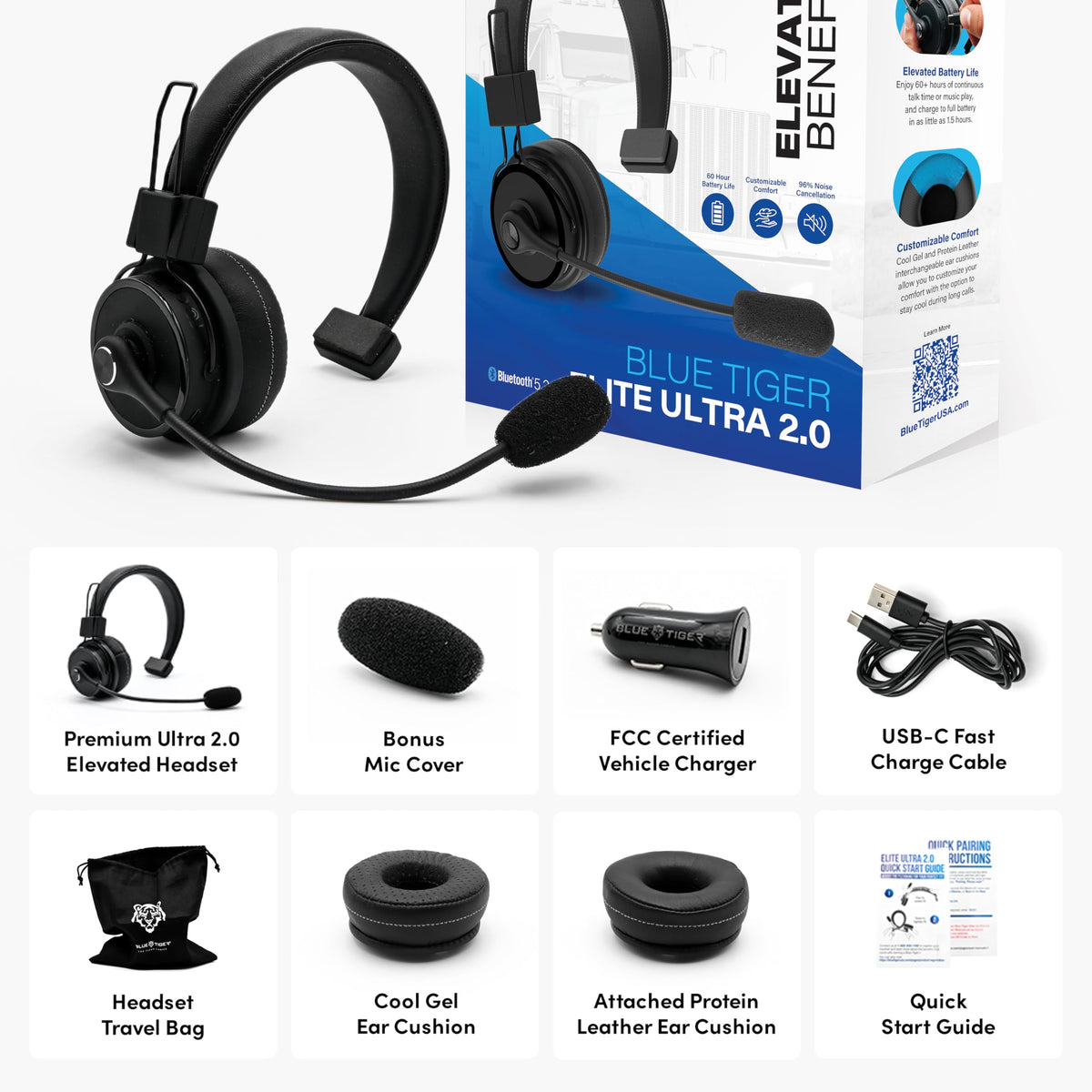 Blue Tiger Elite Ultra 2.0 USB-C charging cable included for quick charging
