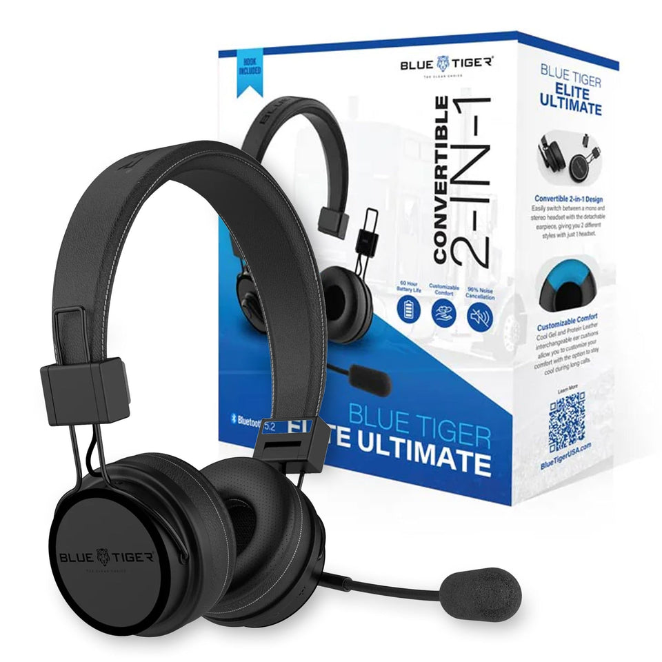 Blue Tiger Premium Elite dual-ear headset viewed front for calls and meetings
