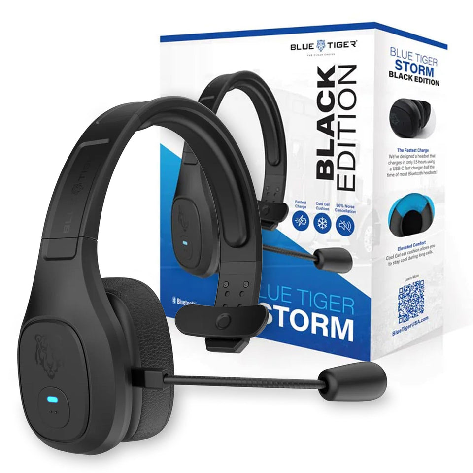 Blue Tiger Storm Black headset front view highlighting premium design for long-haul comfort.
