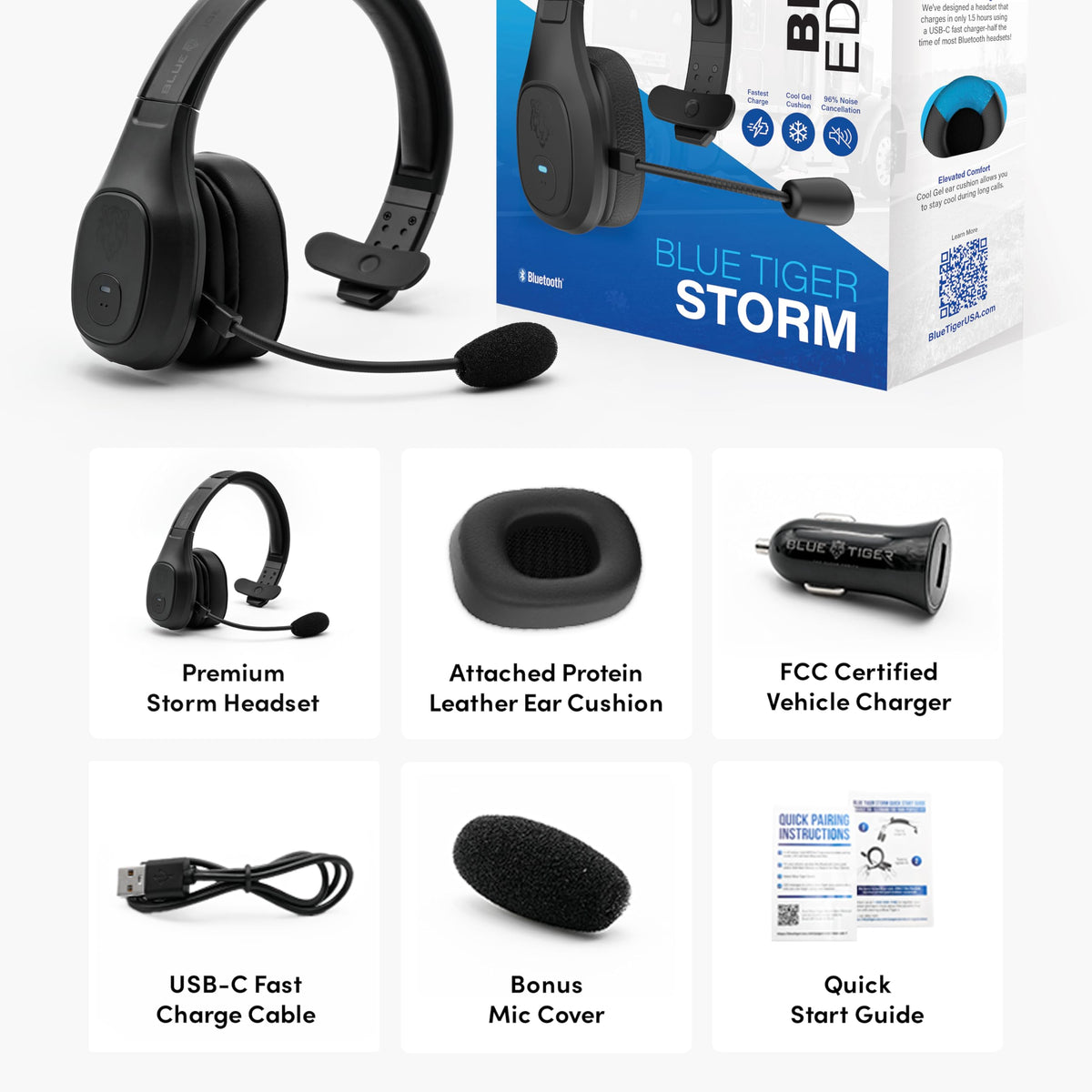 Blue Tiger Storm Black charging setup with USB-C cable.