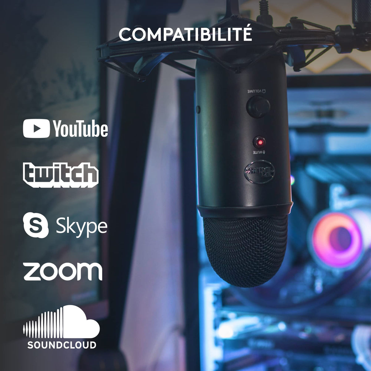 Blue Yeti Blackout Edition renewed mute button and dial close-up