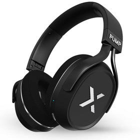 BlueAnt Pump X headphones front view showing sleek black-silver design for gym use.