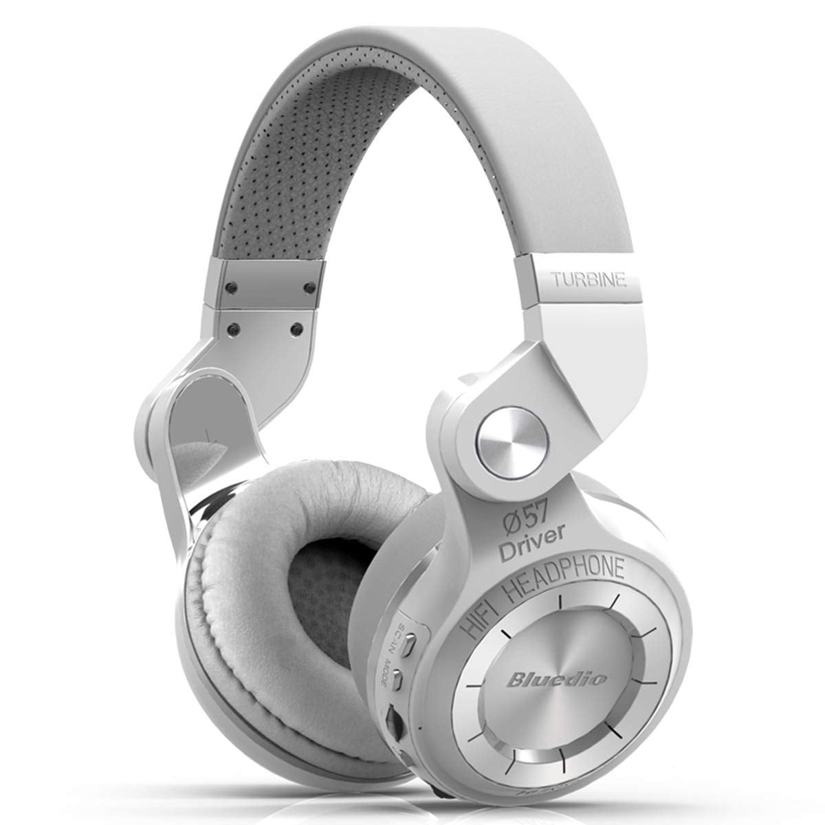 Bluedio T2 Plus front view showing white cups and turbine styling for bold audio