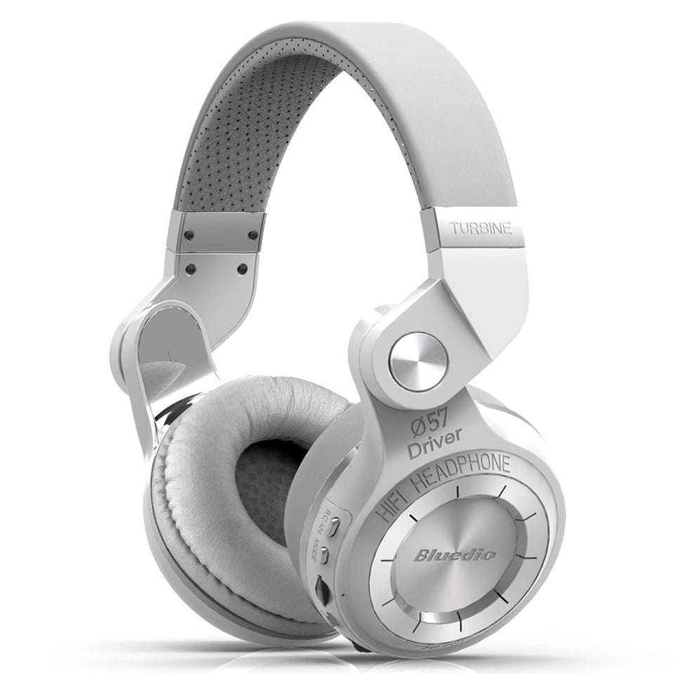 Bluedio T2 Plus front view showing white cups and turbine styling for bold audio