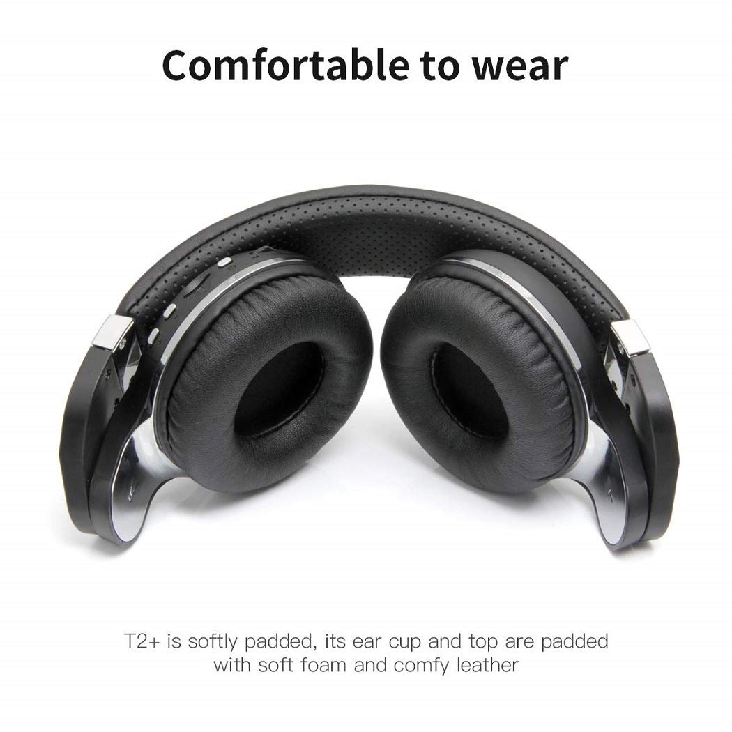 Bluedio T2 Plus showing wired cable and MicroSD slot, enables offline playback convenience