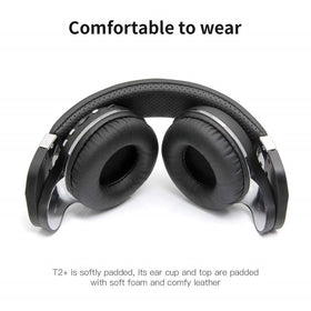 Bluedio T2 Plus showing wired cable and MicroSD slot, enables offline playback convenience
