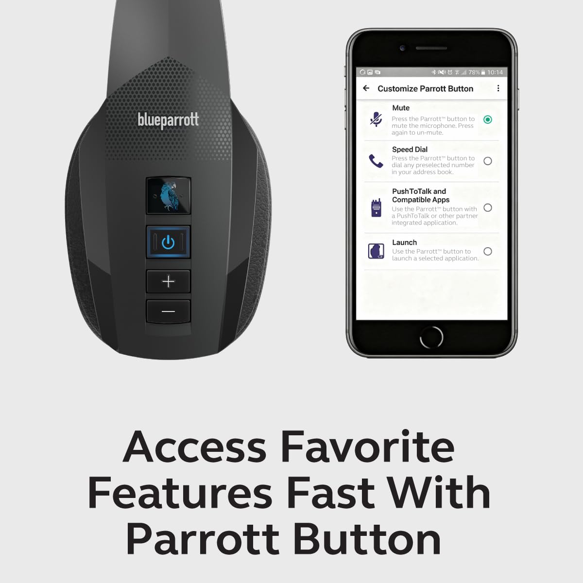 BlueParrott B450-XT app interface with firmware updates and button customization