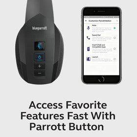 BlueParrott B450-XT app interface with firmware updates and button customization