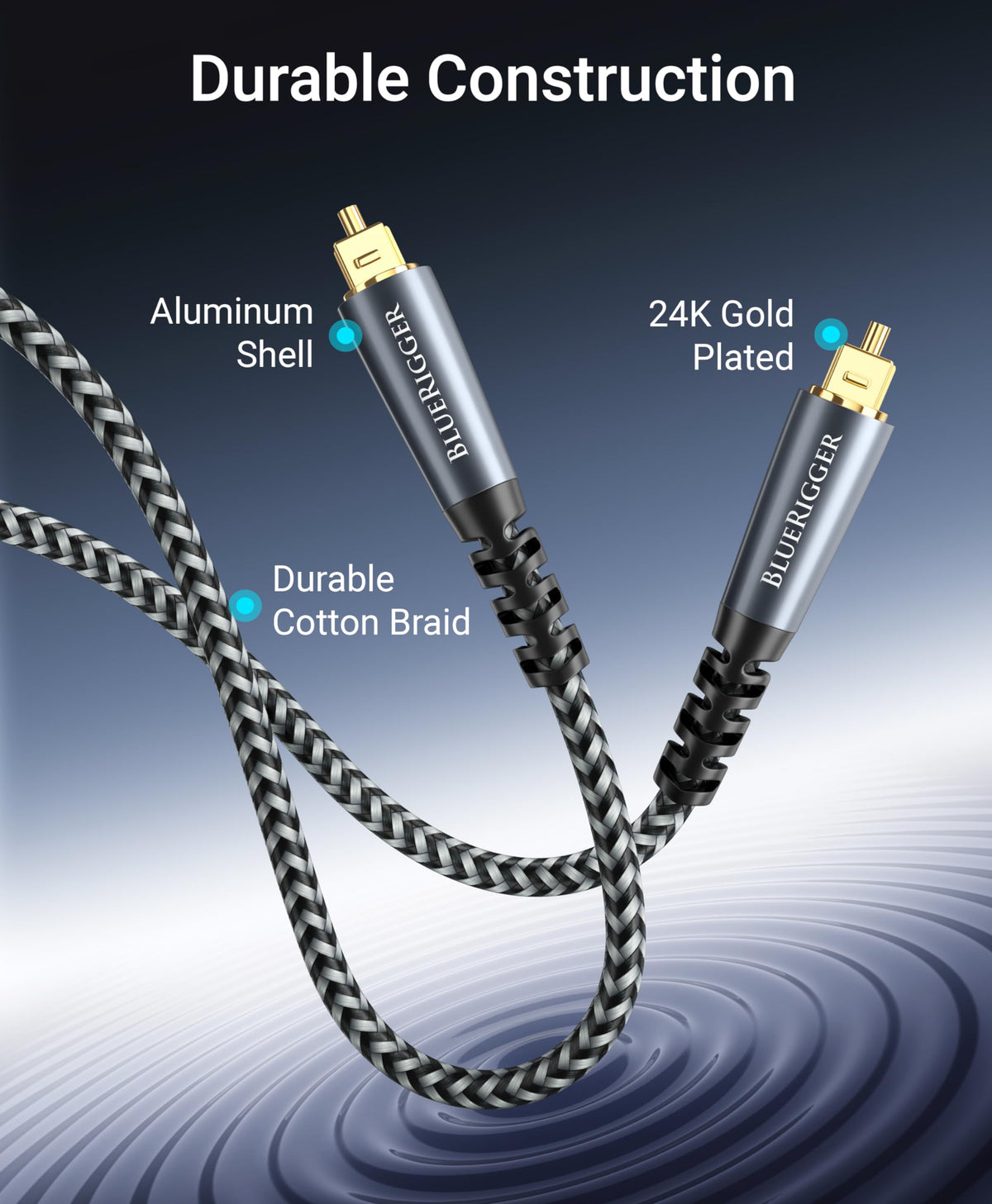BlueRigger 24K gold-plated optical connectors ensure smooth signal transfer.