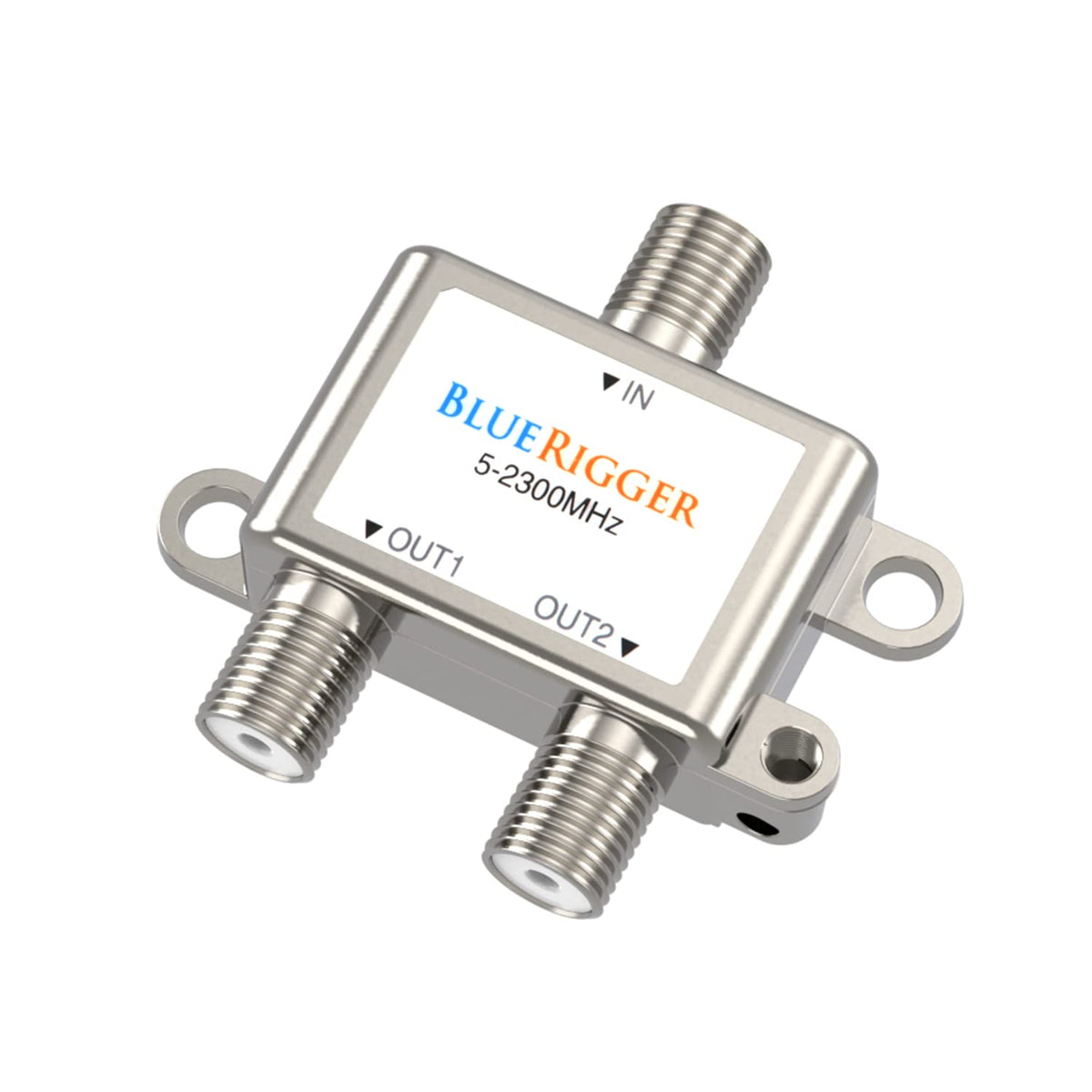 BlueRigger 2Way Coaxial Splitter front view with sturdy F-type connectors.