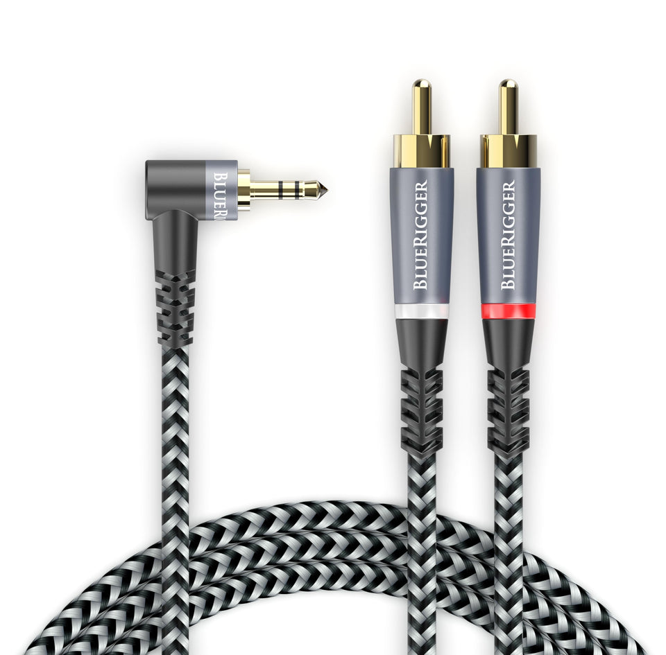 BlueRigger braided 3.5mm to 2RCA cable for durable long-distance audio connections.