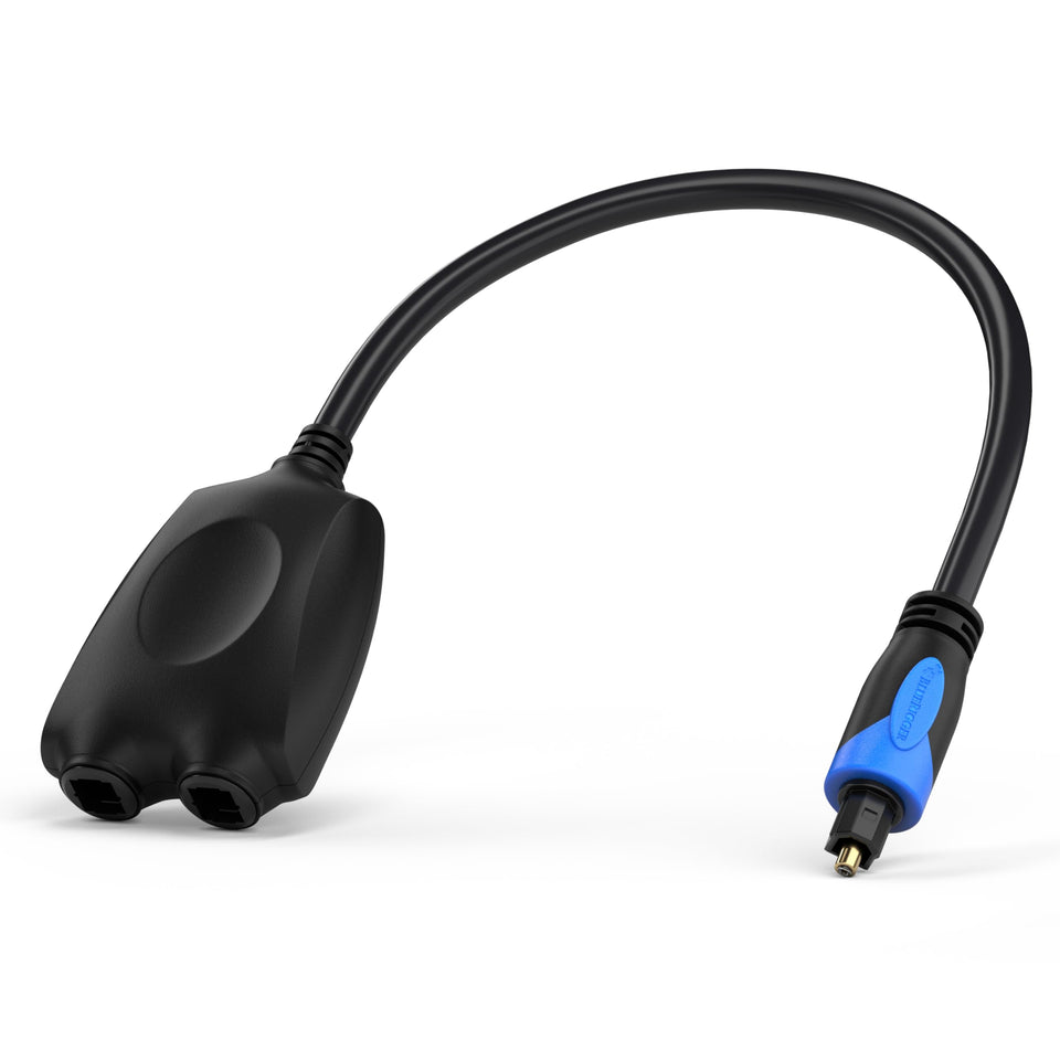 BlueRigger digital optical splitter shows 1x2 input/output for clear audio distribution.
