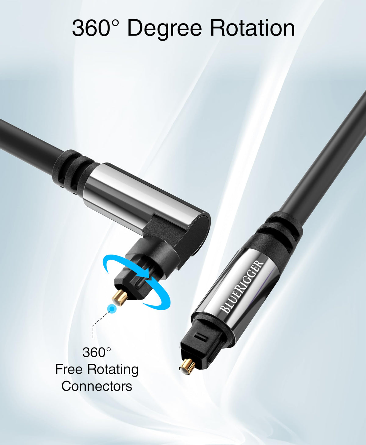 BlueRigger optical cable with 360-degree rotatable head for flexible device placement.